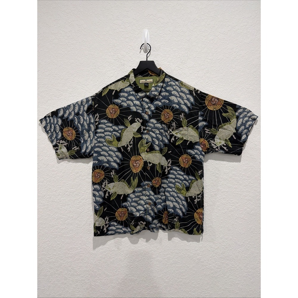 Vintage Tommy Bahama Silk Camp Shirt Koi Waves Relax Size XL Button Up Hawaiian